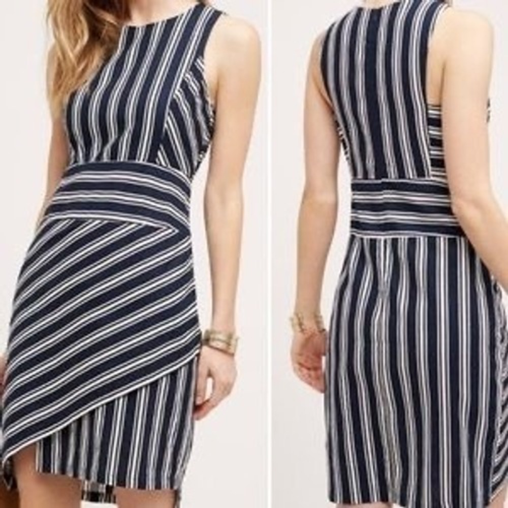 Maeve Anthropologie Navy White Striped Linen Blend Faux Wrap Sheath Dress Medium